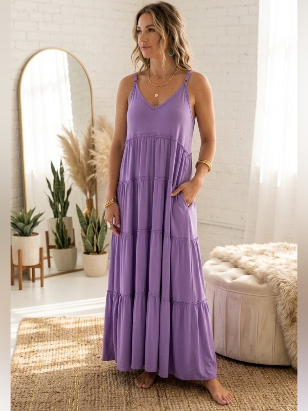 Zenana Purple Tiered Boho Maxi Dress with Pockets Small
